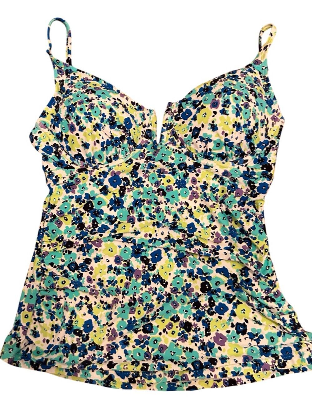 ANNE COLE Floral Tankini Top with Built-In Bra - Blue/Green Print Size M - NWT